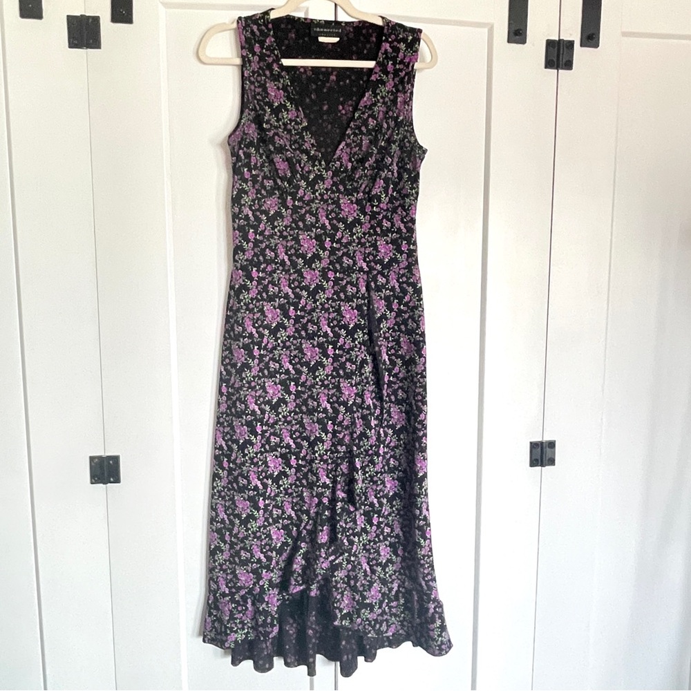 Connected Apparel Size 12 Blue Floral Midi Dress Deep V Ruffle Slit Feminine - Picture 10 of 15